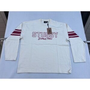 Stussy Football Crewneck Sweatshirt Bone Burgundy Mens Medium Long Sleeve